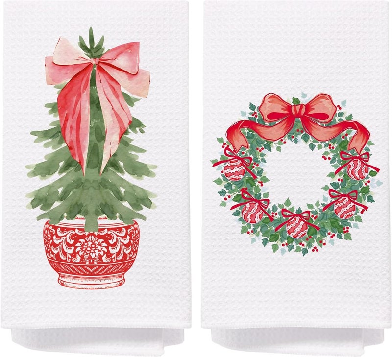 SPBL&L Chinoiserie Christmas Kitchen Towels,Red Bow Coquette Christmas Tree Dish Towels for Kitchen Bathroom, Red Christmas Hand Towels for Kitchen,Set of 2 Grandmillennial Decor,16x24 Inches - Image 1